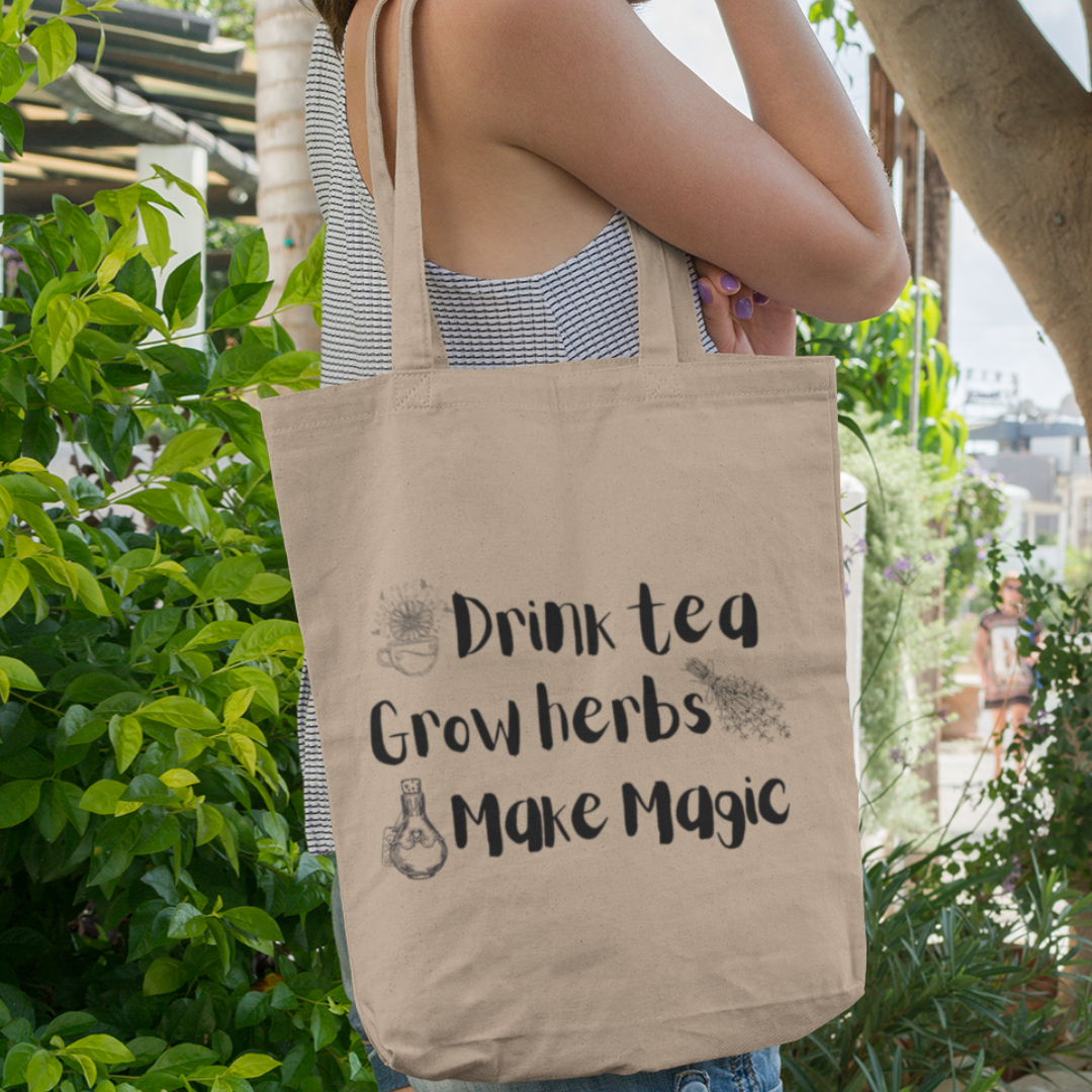 Lady carrying tea, herbs magic natural tote bag