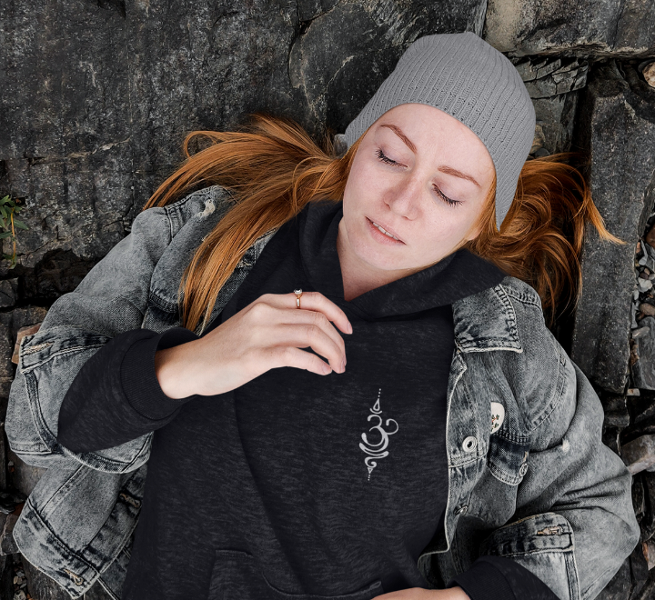 girl wearing grey embroidery breathe symbol hoody