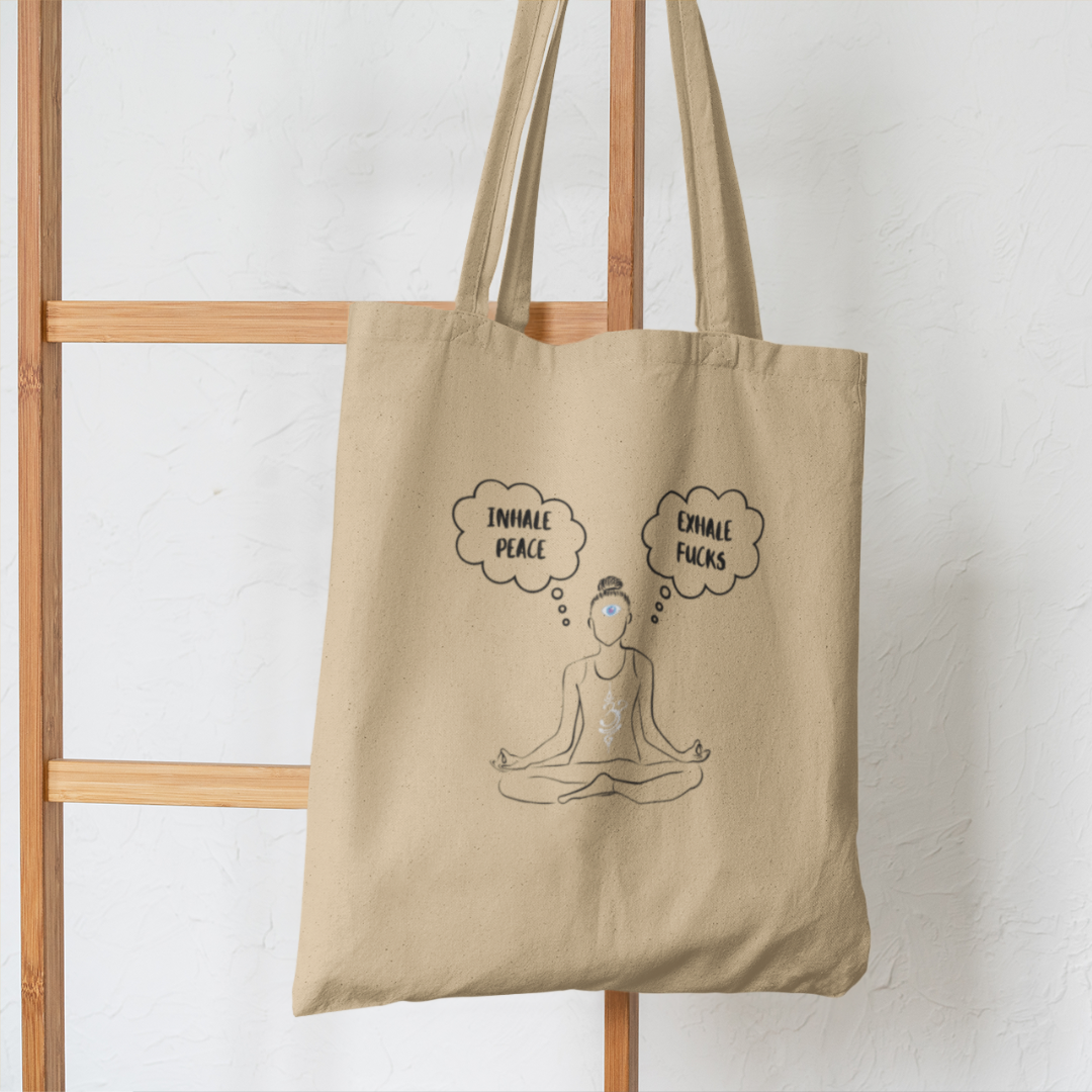 funny yoga Meditation Organic natural tote bag hanging on ladder