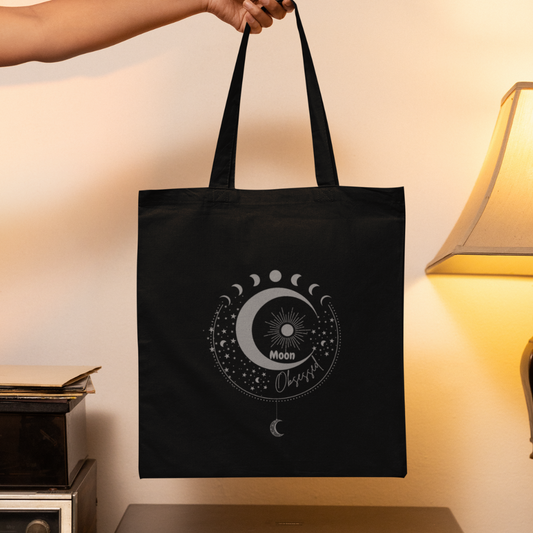 moon obsessed black organic tote bag