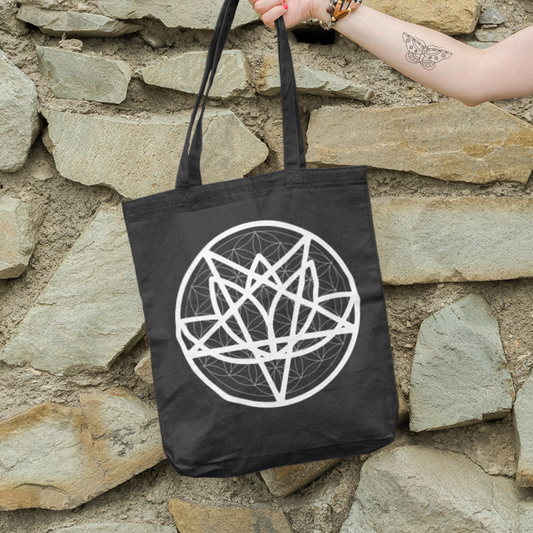 girl with butterfly tattoo holding Lotus Flower Pentagram Unity Organic Tote Bag - Black