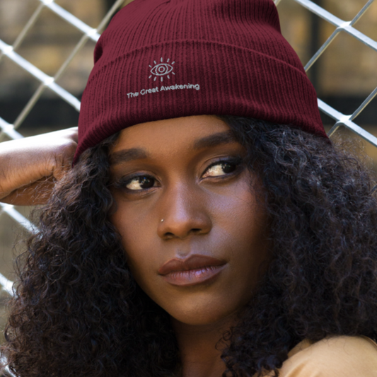 woman wearing red truth seekers the great awakening organic cotton beanie