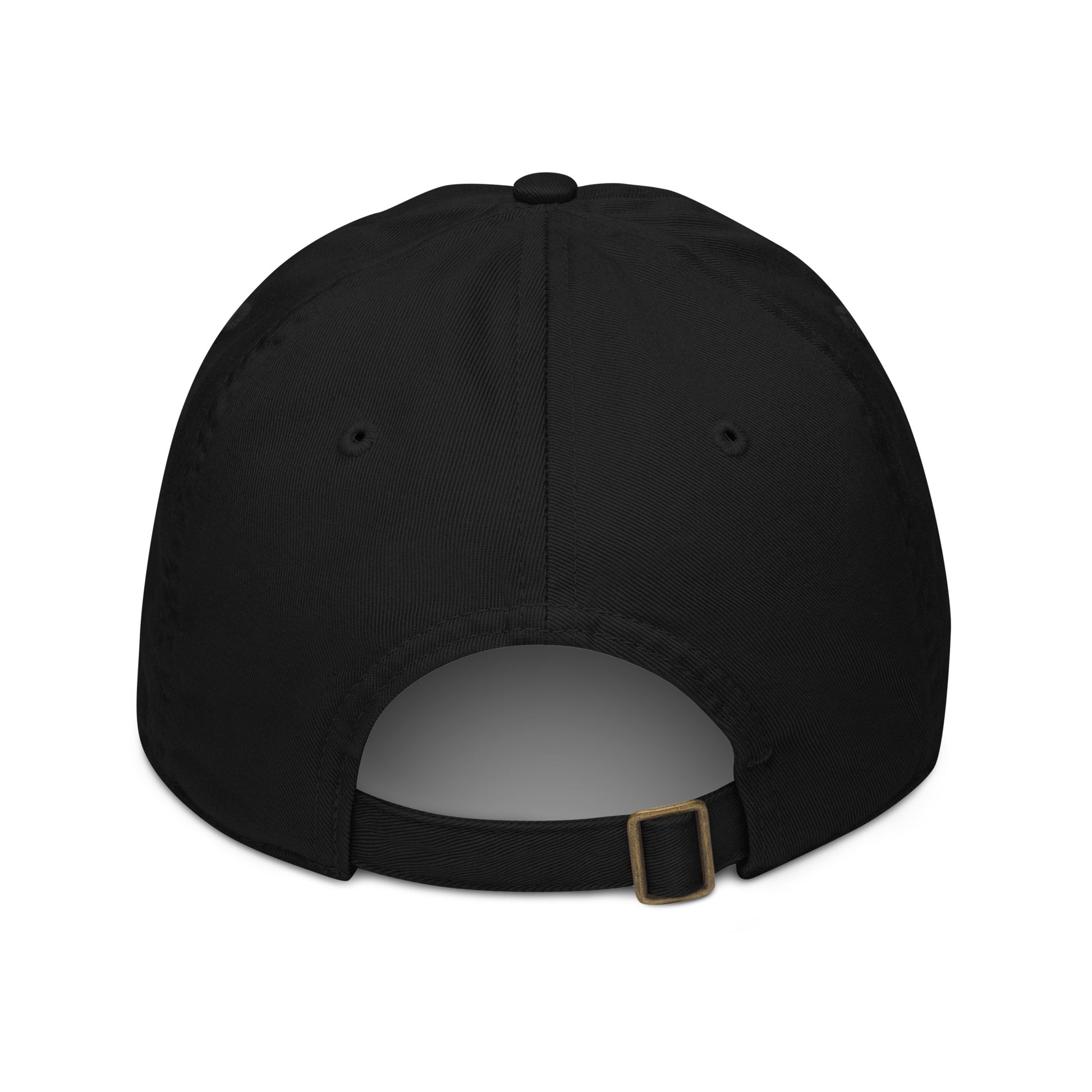 back of black organic cotton cap