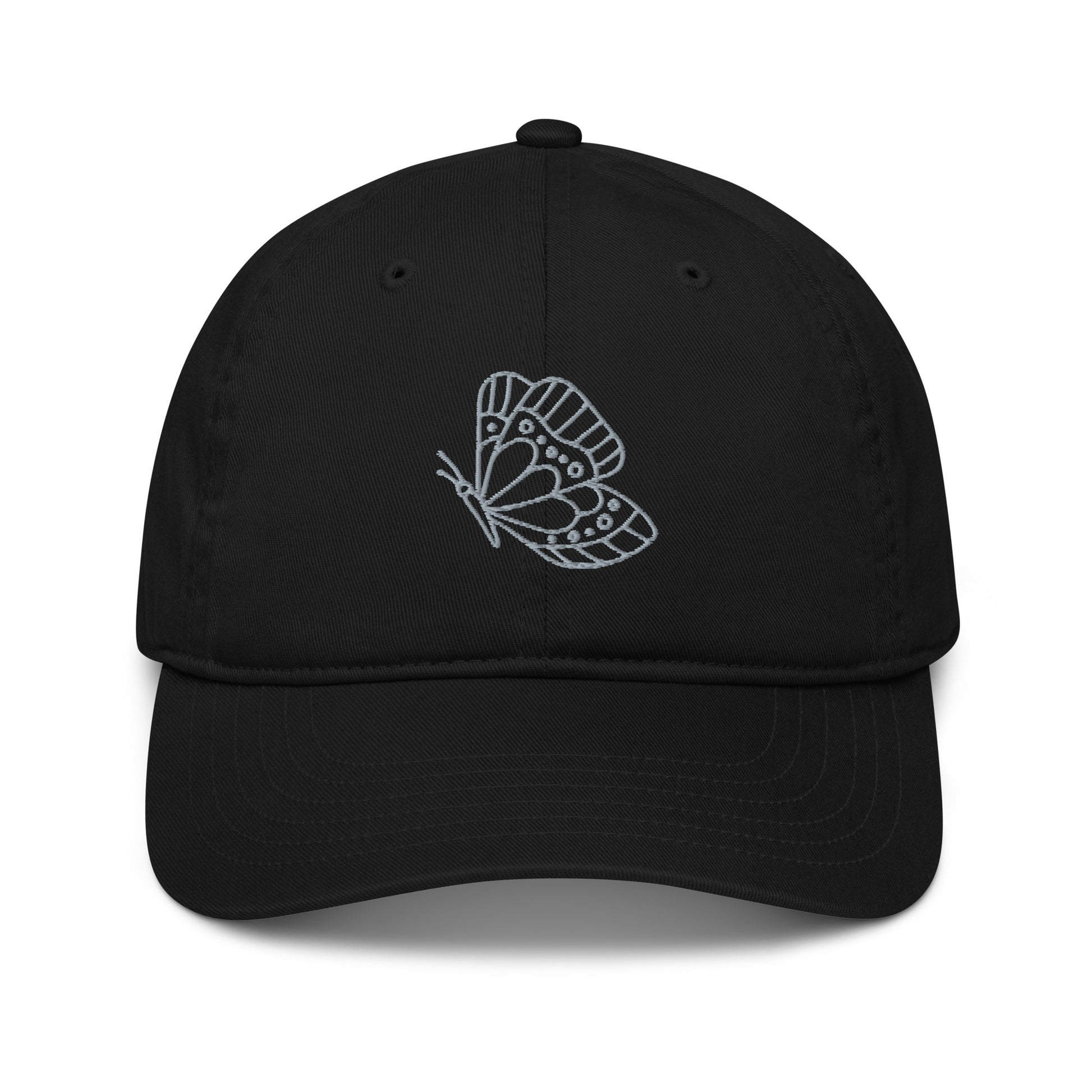 Black butterfly embroidered organic cotton cap