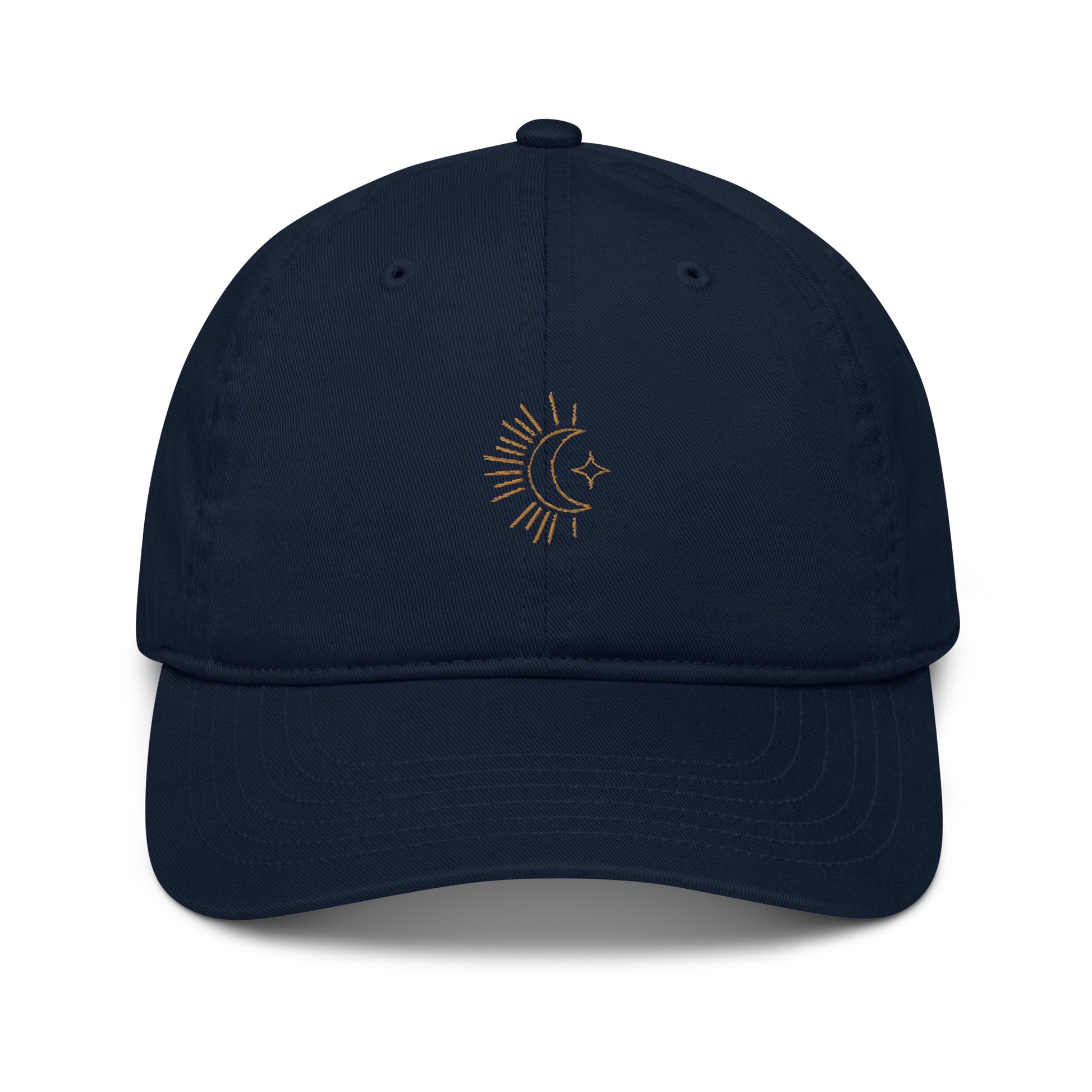 navy embroidered moon organic cotton cap