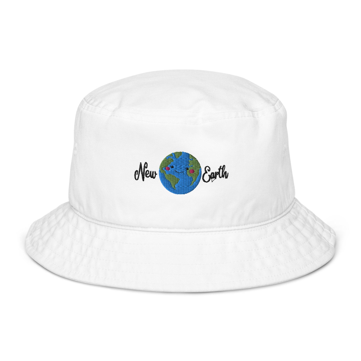 new earth embroidery white organic cotton bucket hat