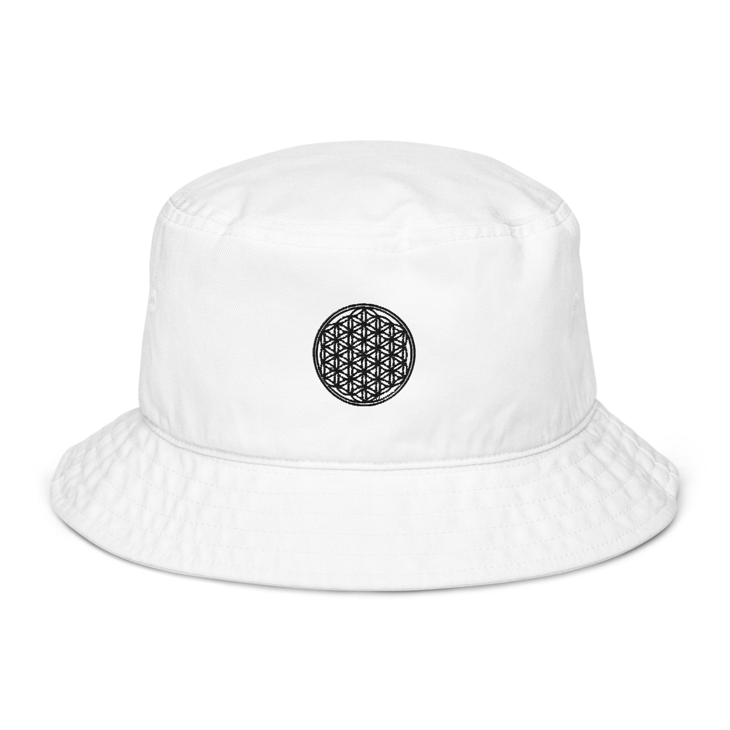 white flower of life sacred geometry embroidered organic cotton bucket hat