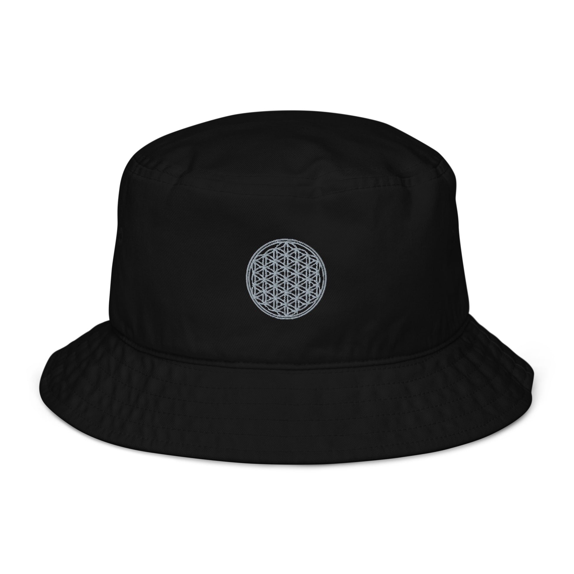 black flower of life sacred geometry embroidered organic cotton bucket hat