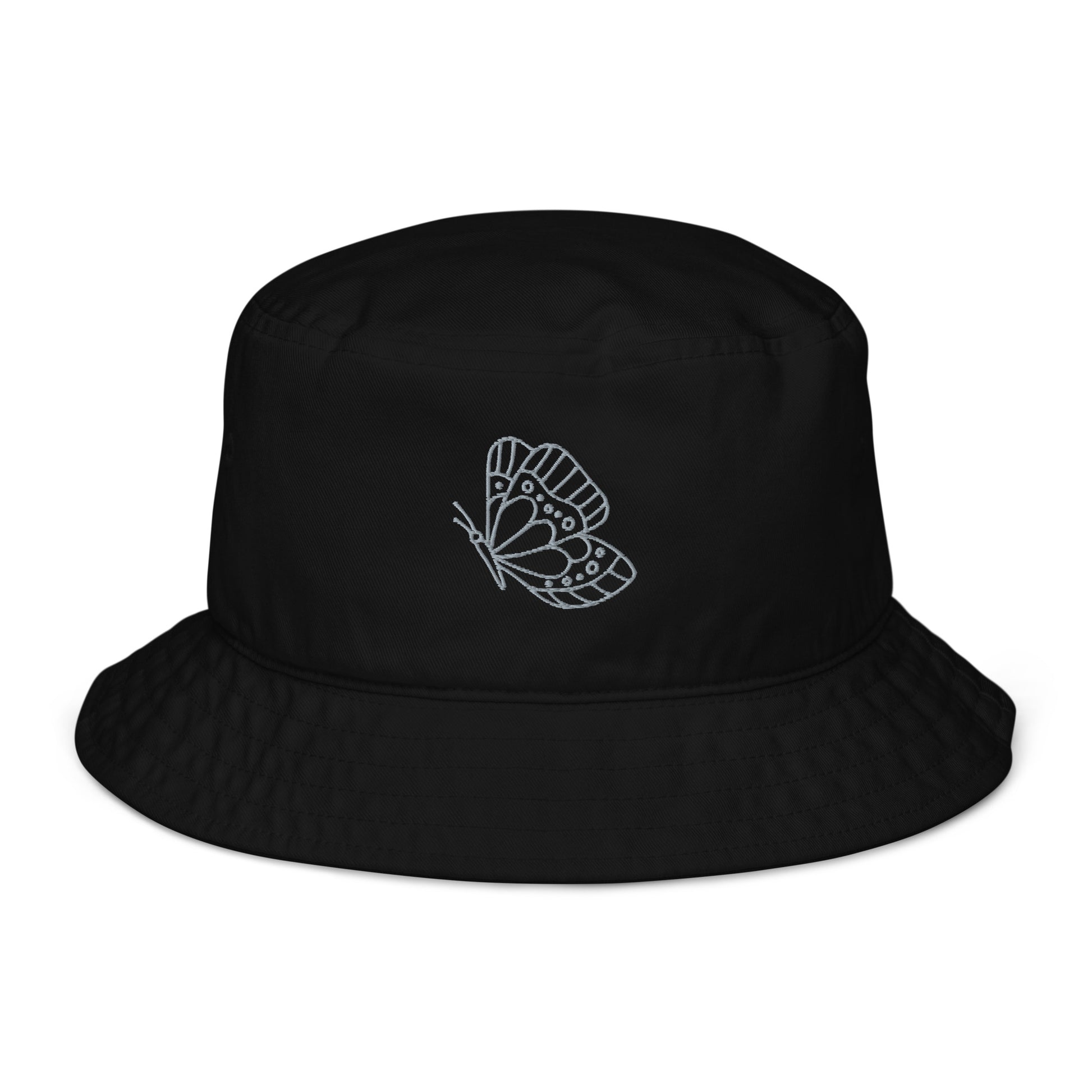 black butterfly embroidery organic cotton bucket hat