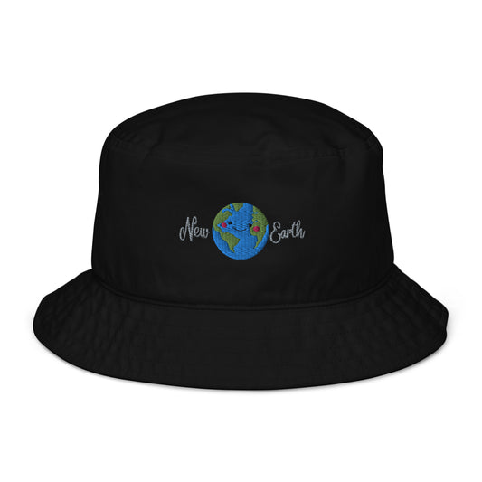 new earth embroidery black organic cotton bucket hat