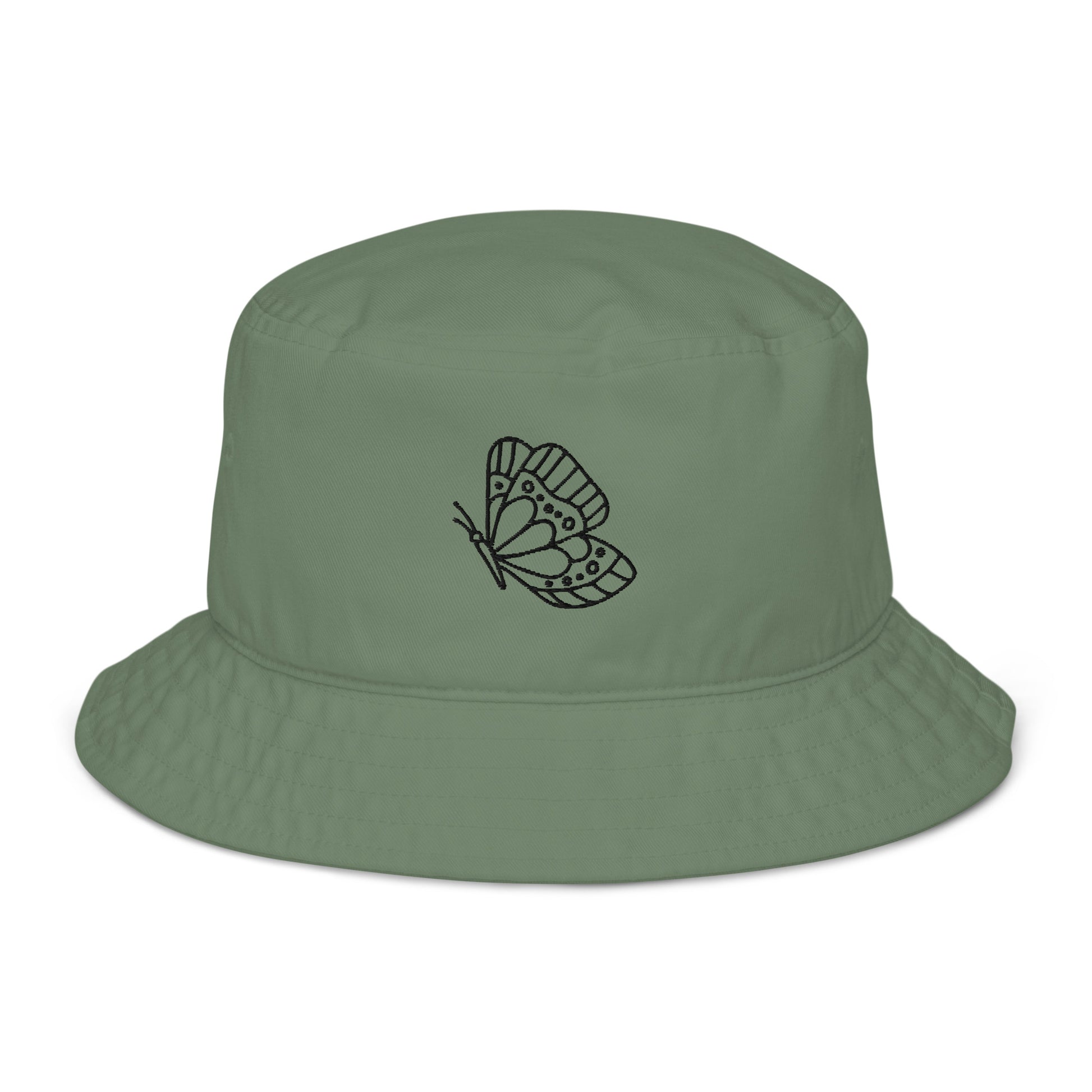 green butterfly embroidery organic cotton bucket hat