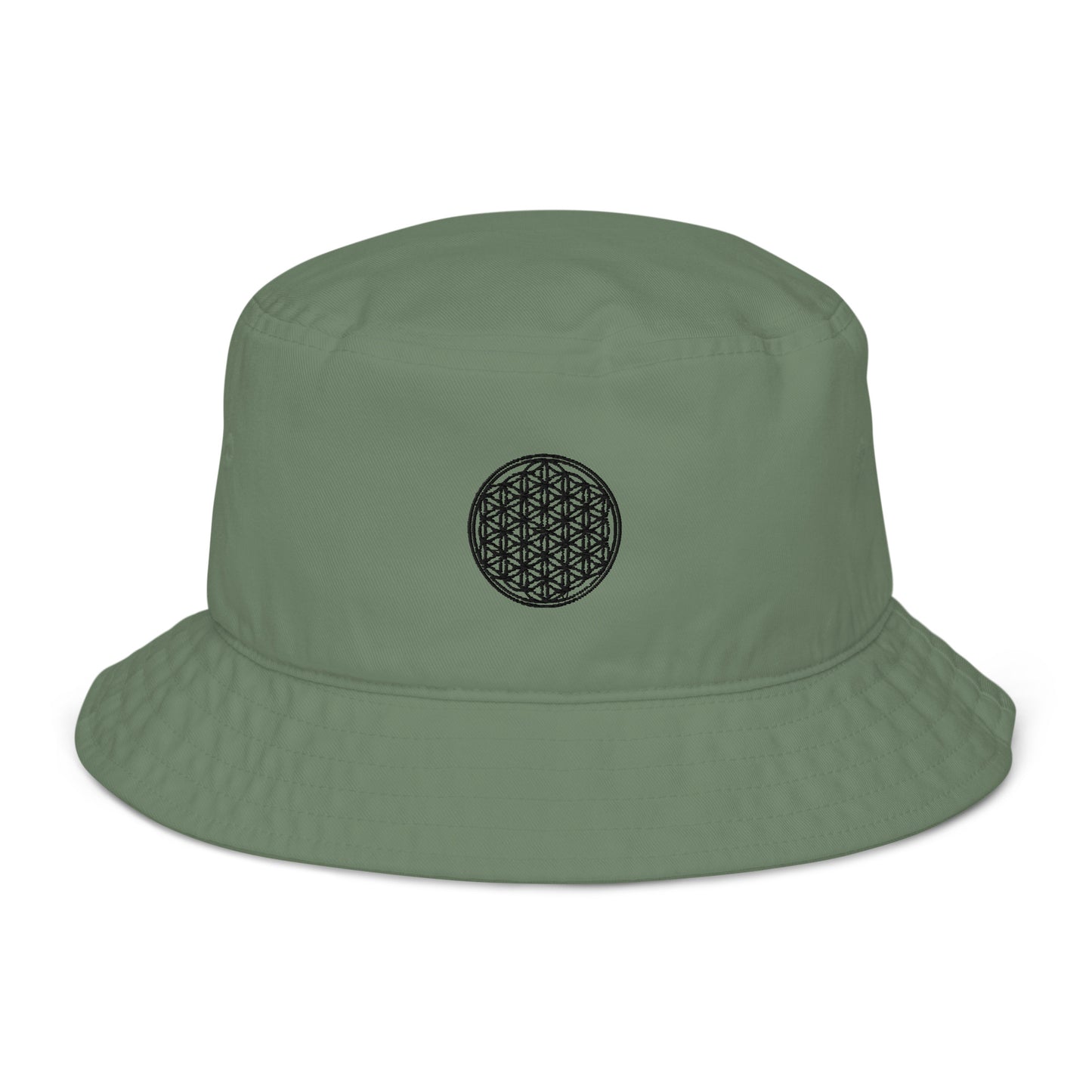 green flower of life sacred geometry embroidered organic cotton bucket hat