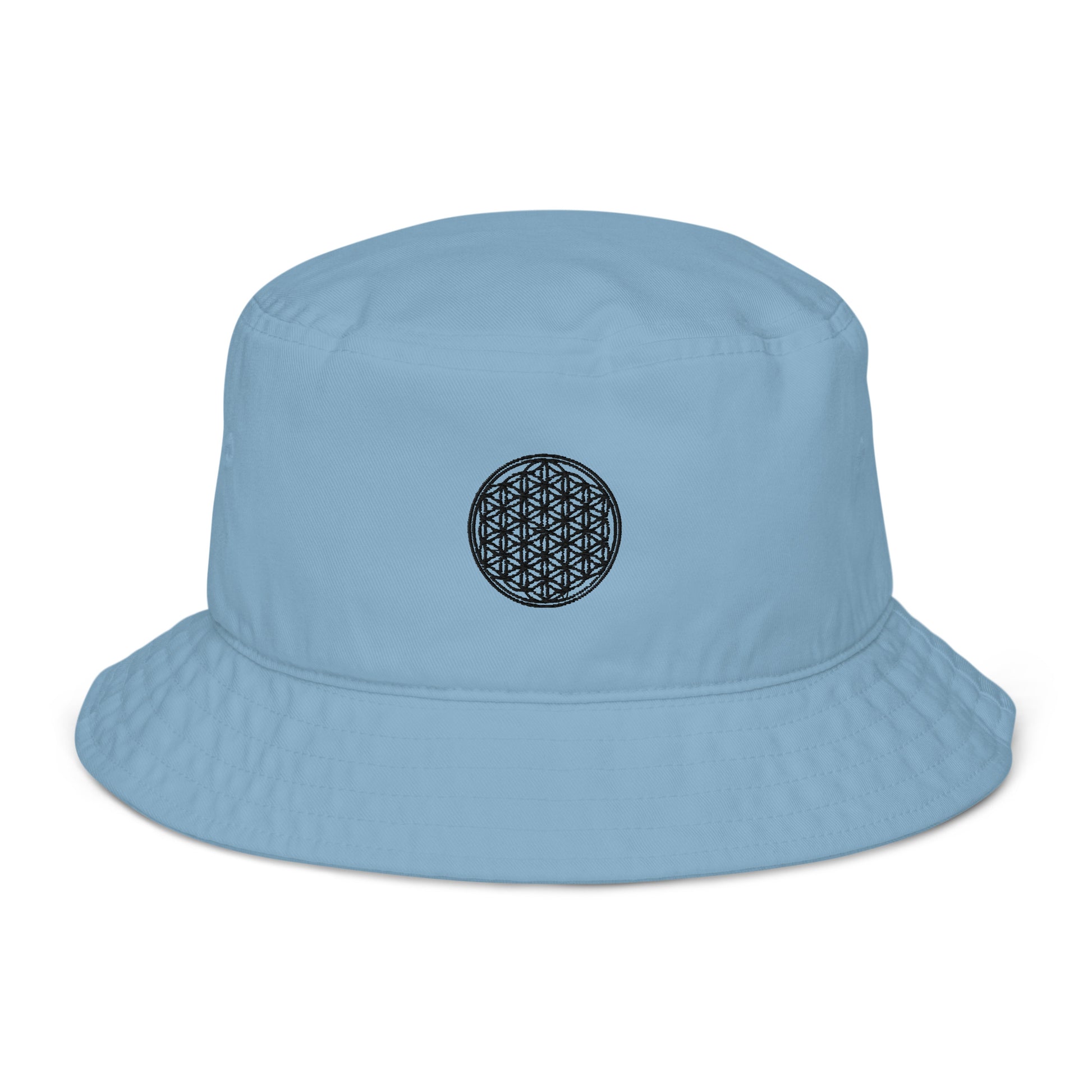 blue flower of life sacred geometry embroidered organic cotton bucket hat