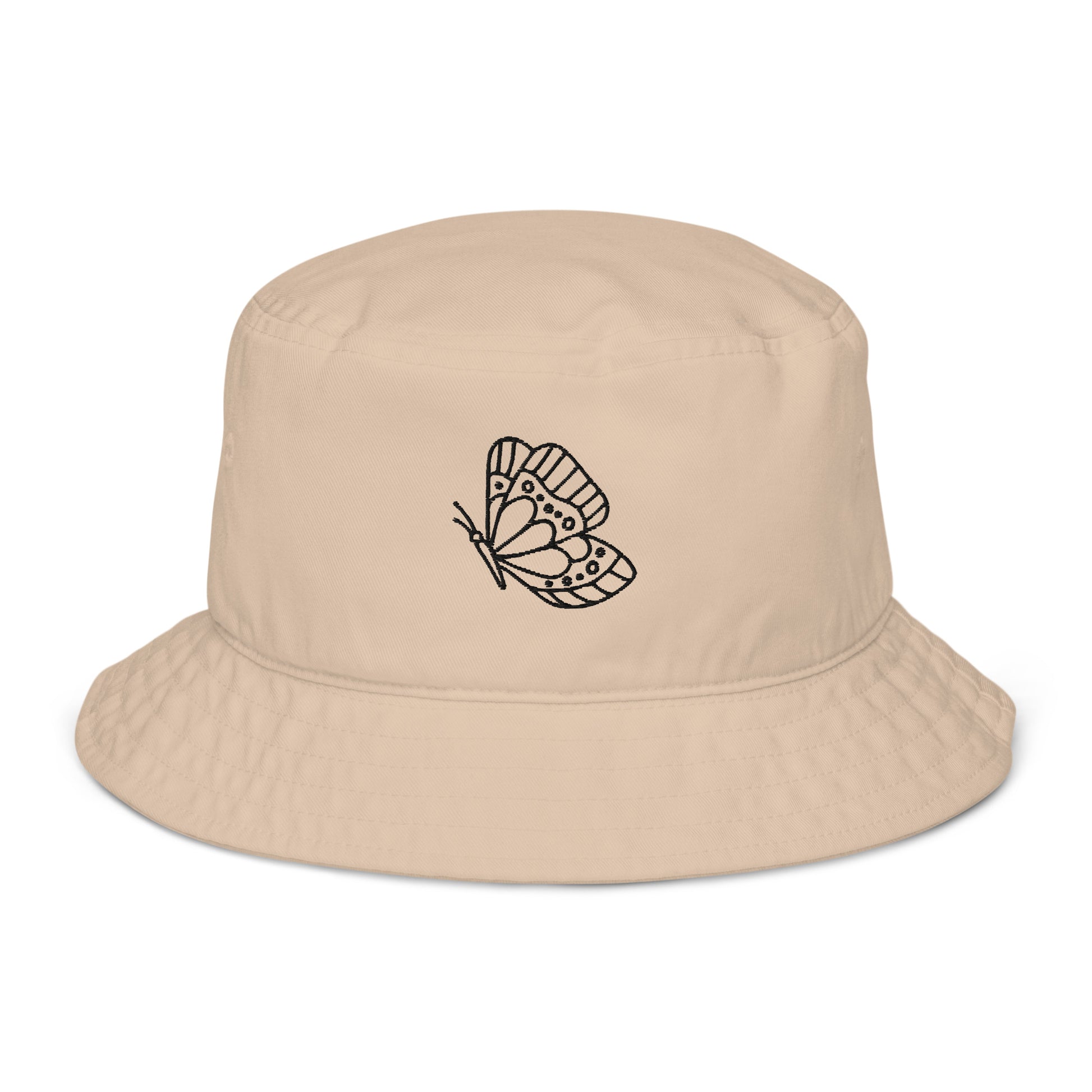 beige butterfly embroidery organic cotton bucket hat