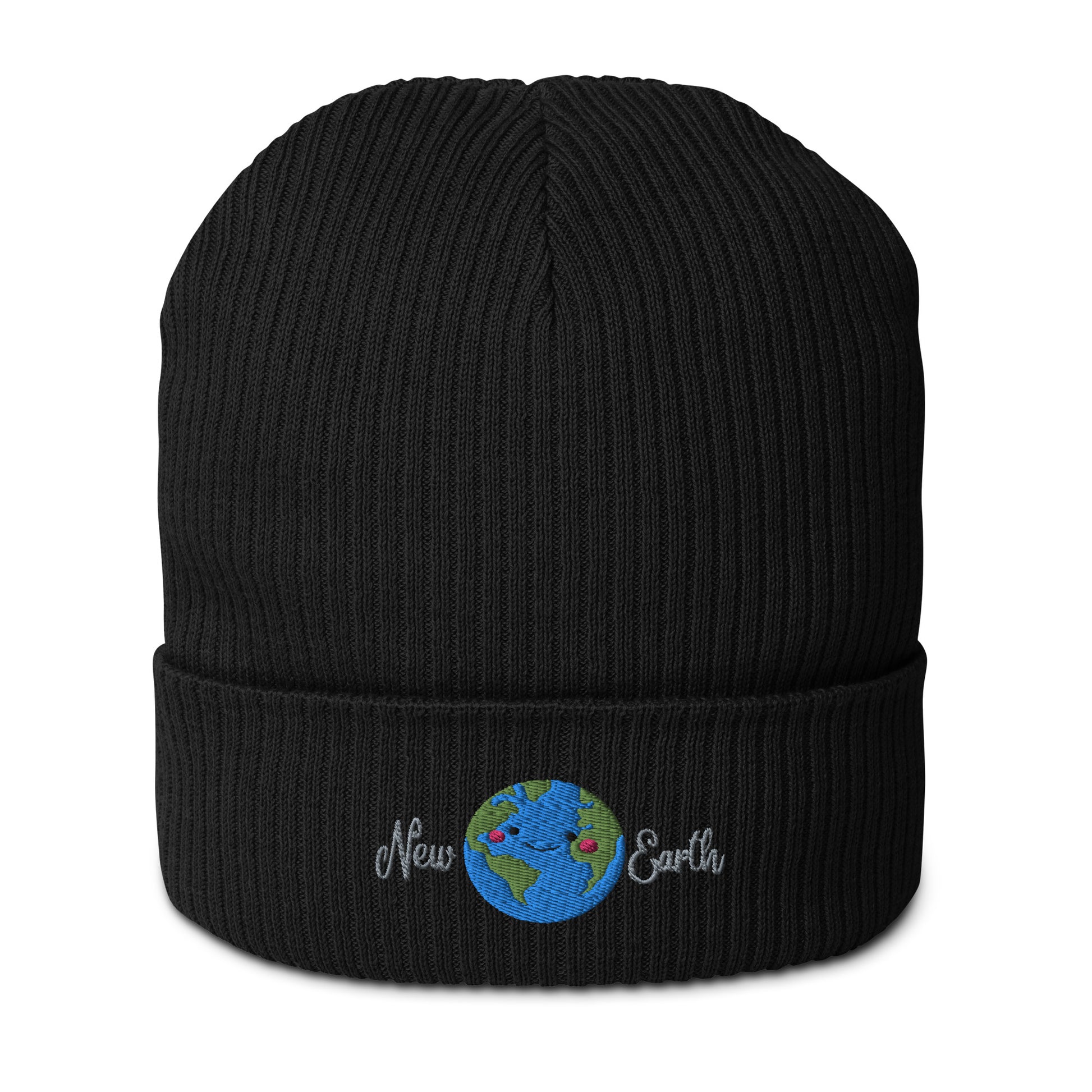 new earth embroidery black organic cotton beanie