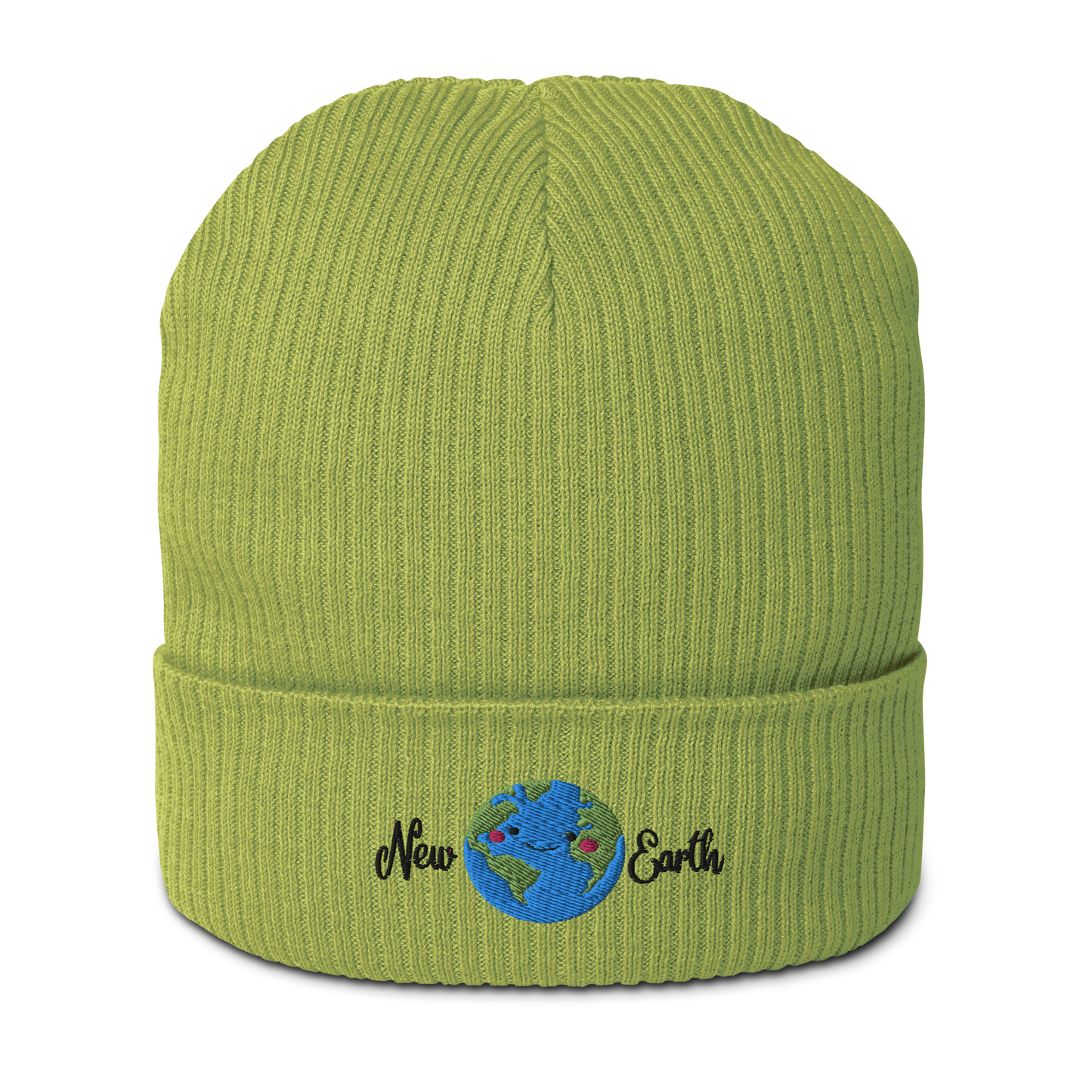 new earth embroidery lime green organic cotton beanie