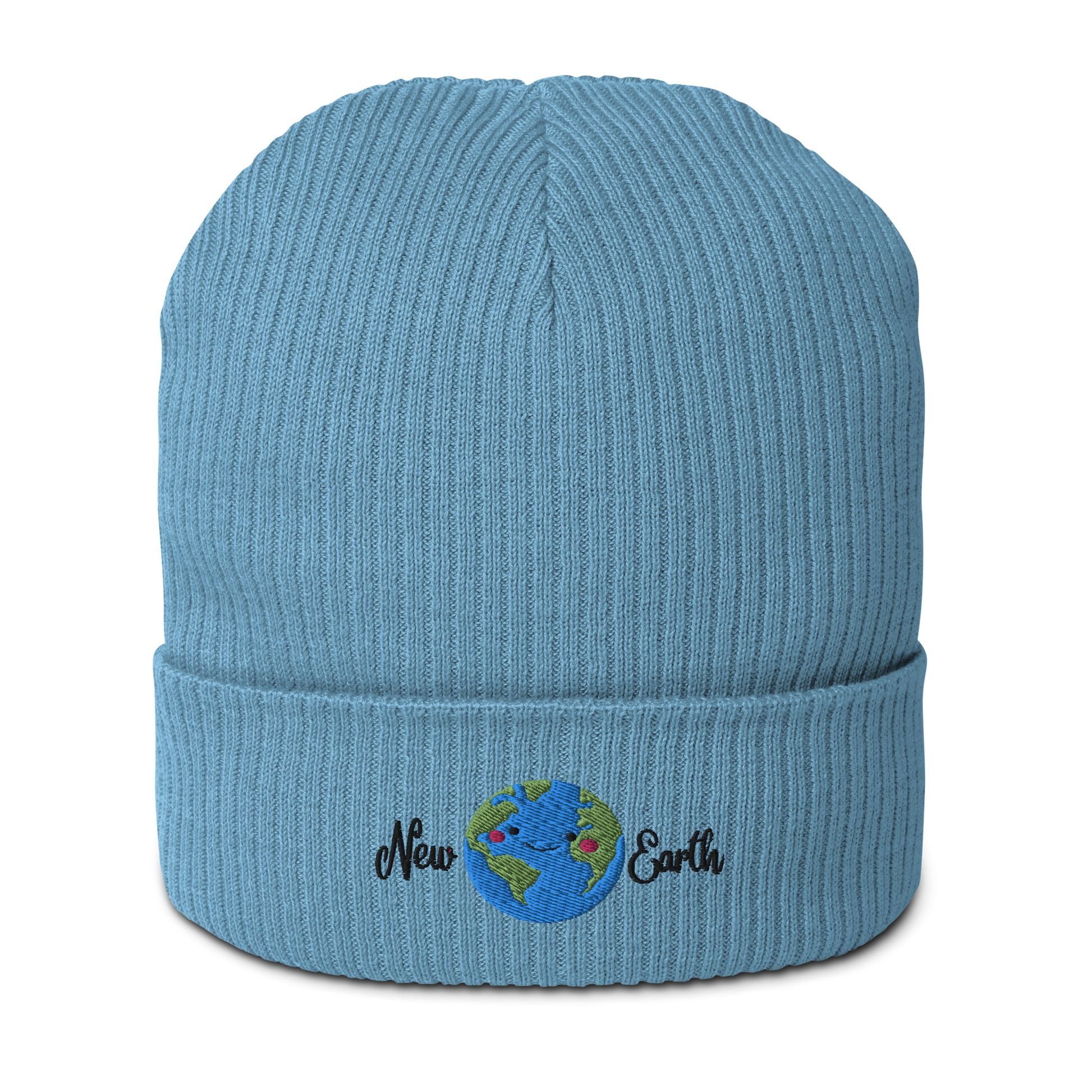 new earth embroidery blue organic cotton beanie