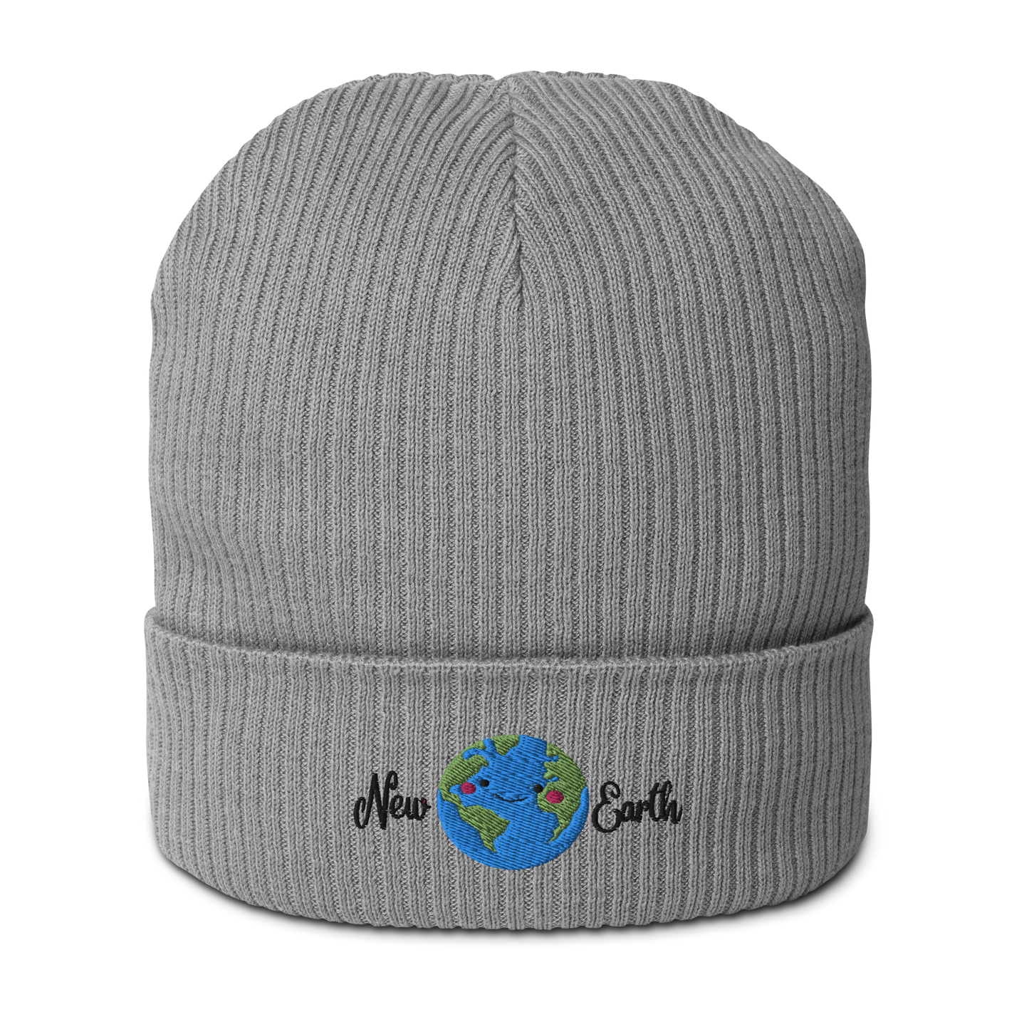 new earth embroidery grey organic cotton beanie