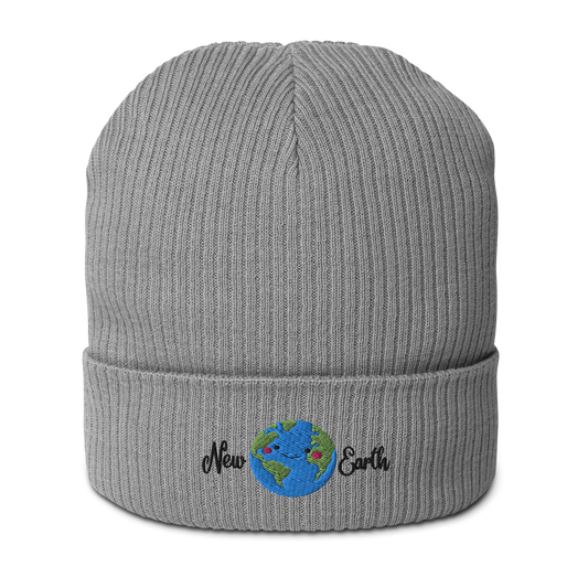 new earth embroidery grey organic cotton beanie