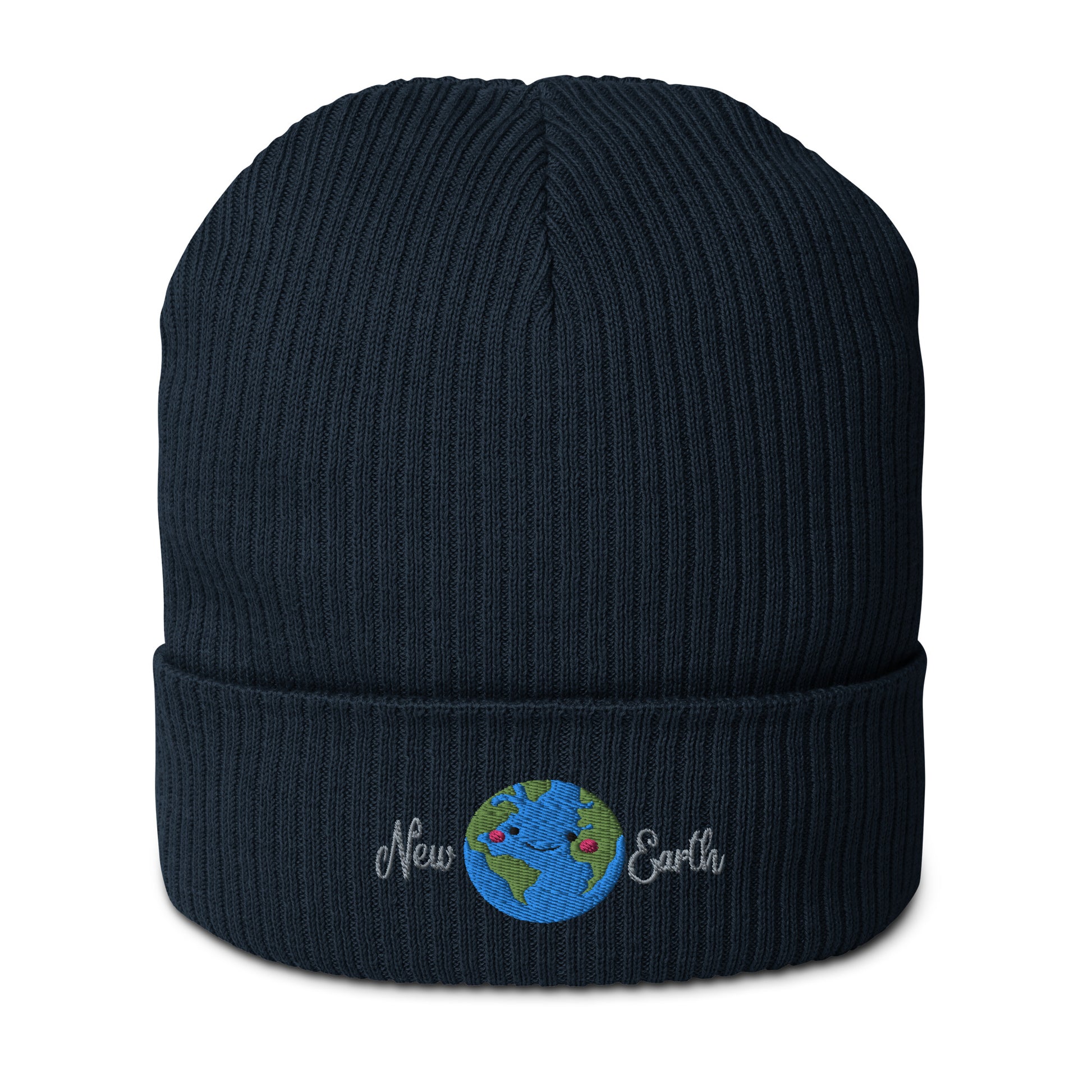 new earth embroidery navy organic cotton beanie