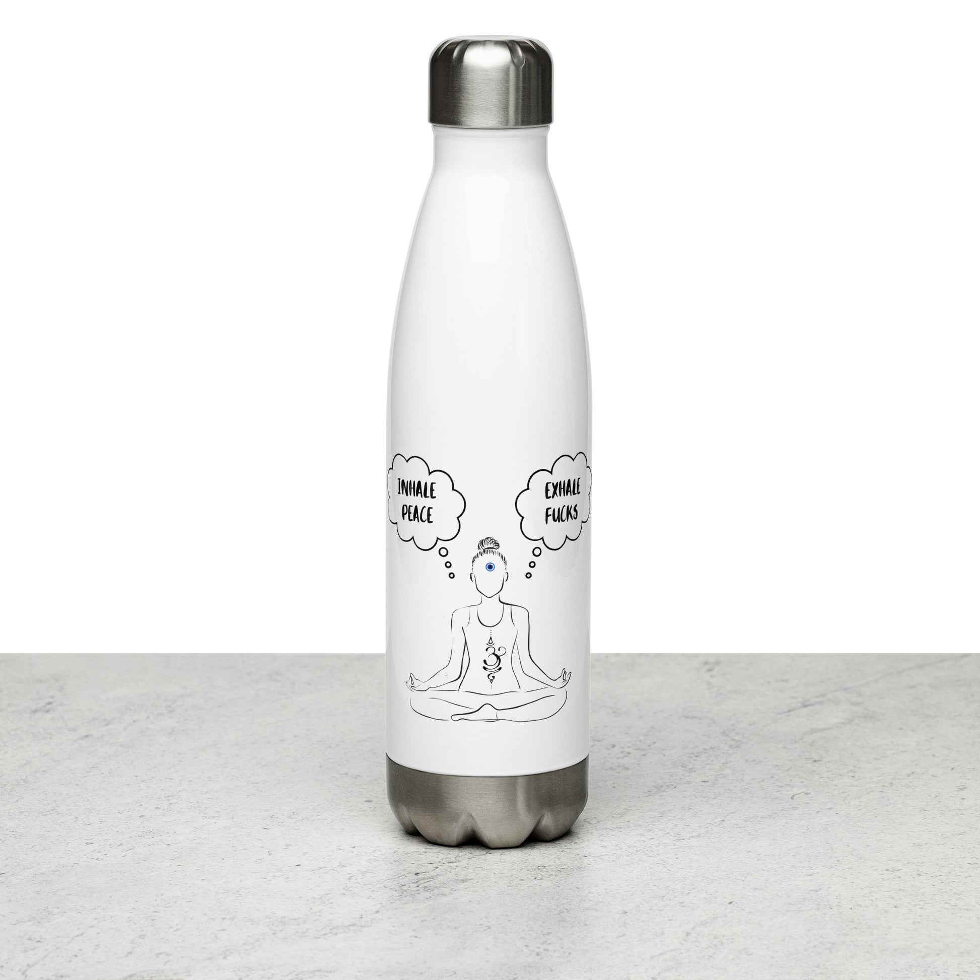 Funny Yoga Meditation Water Bottle - White