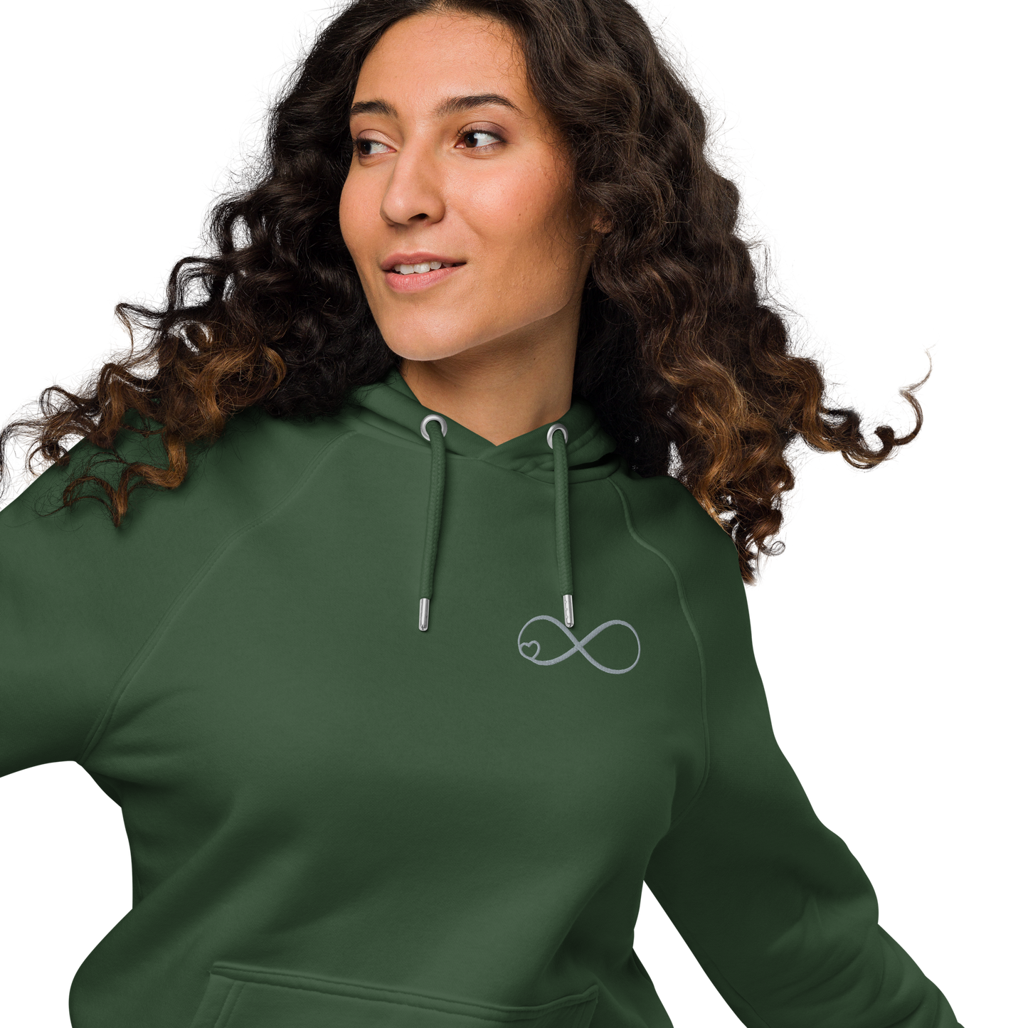 woman wearing green embroidered infinity hoody