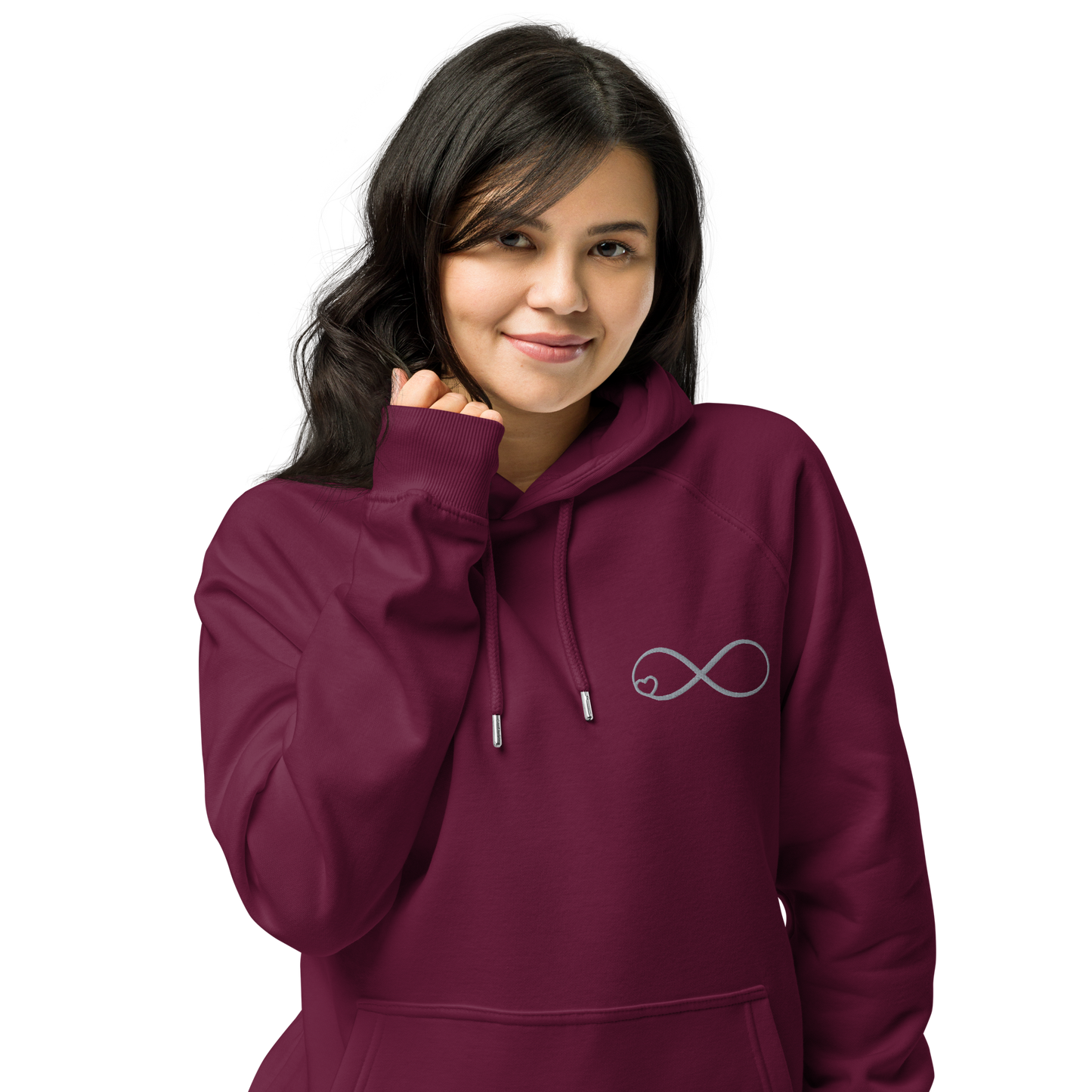 woman wearing red embroidered infinity hoody