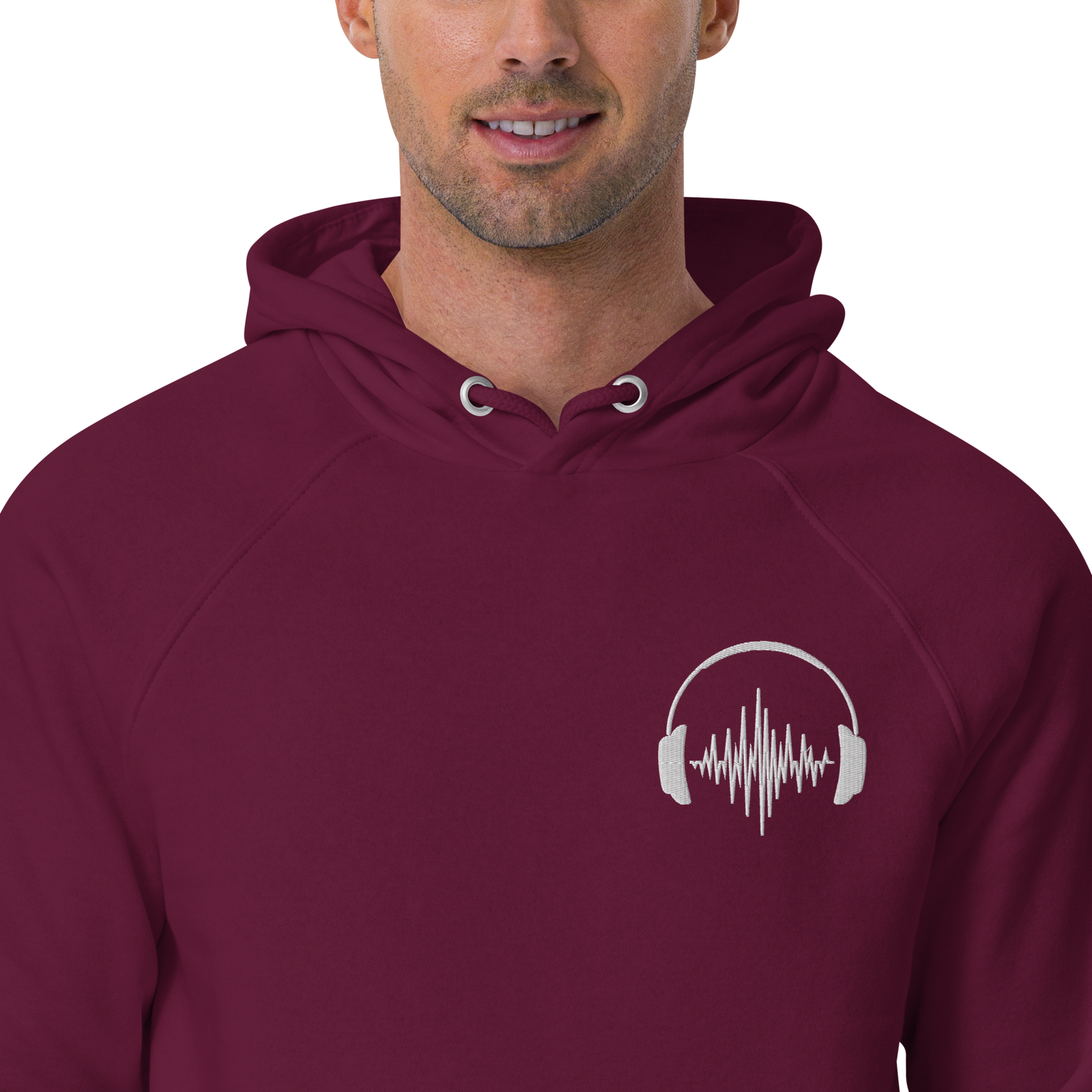 man wearing headphones embroidered red hoody