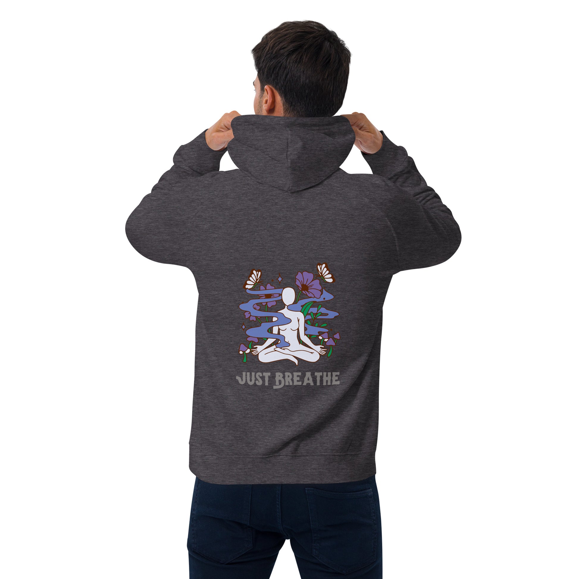 man showing the back of grey breathwork hoody