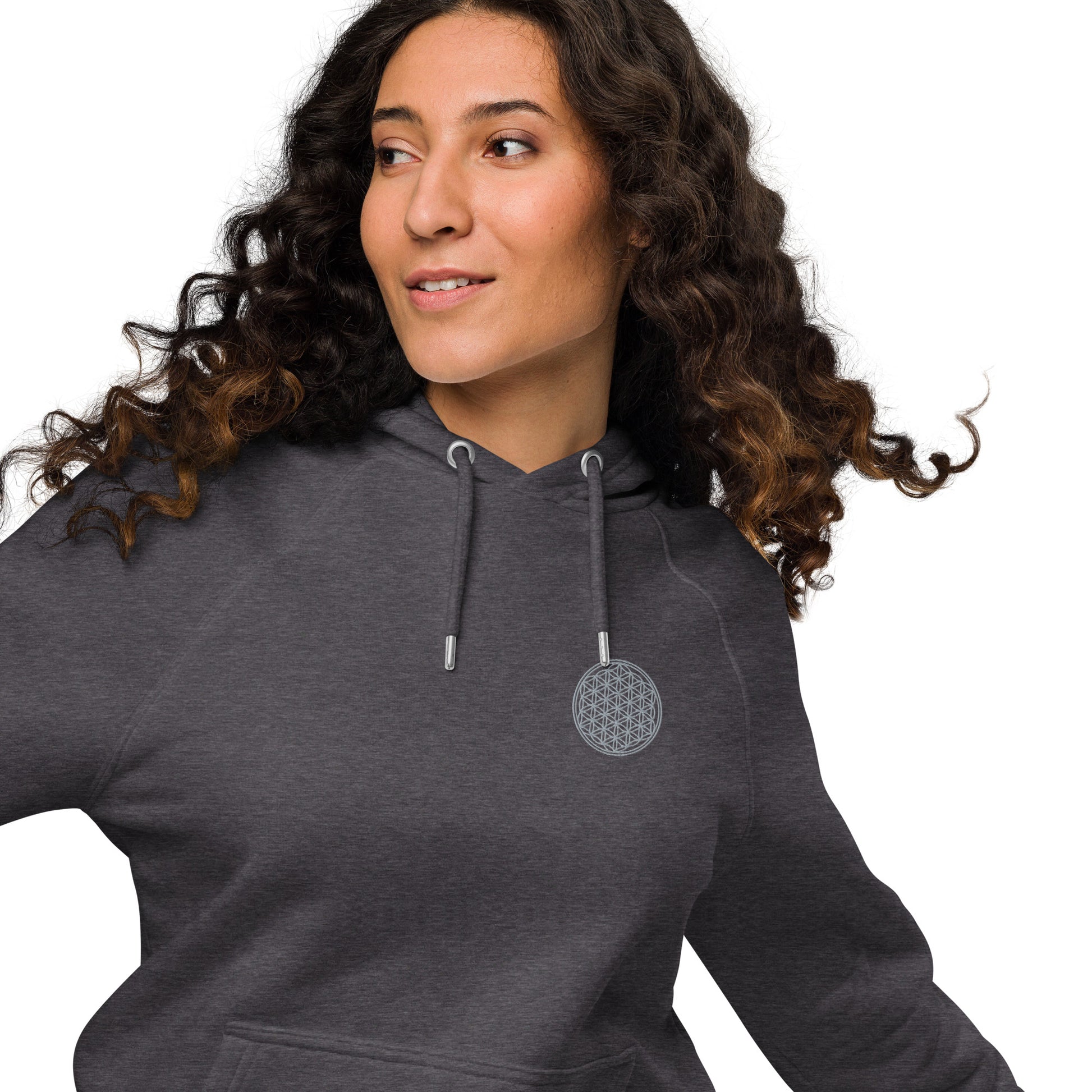 female wearing grey flower of life hoodie