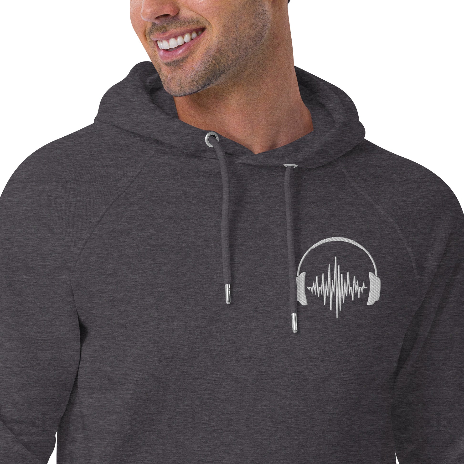 man wearing grey embroidered music hoody