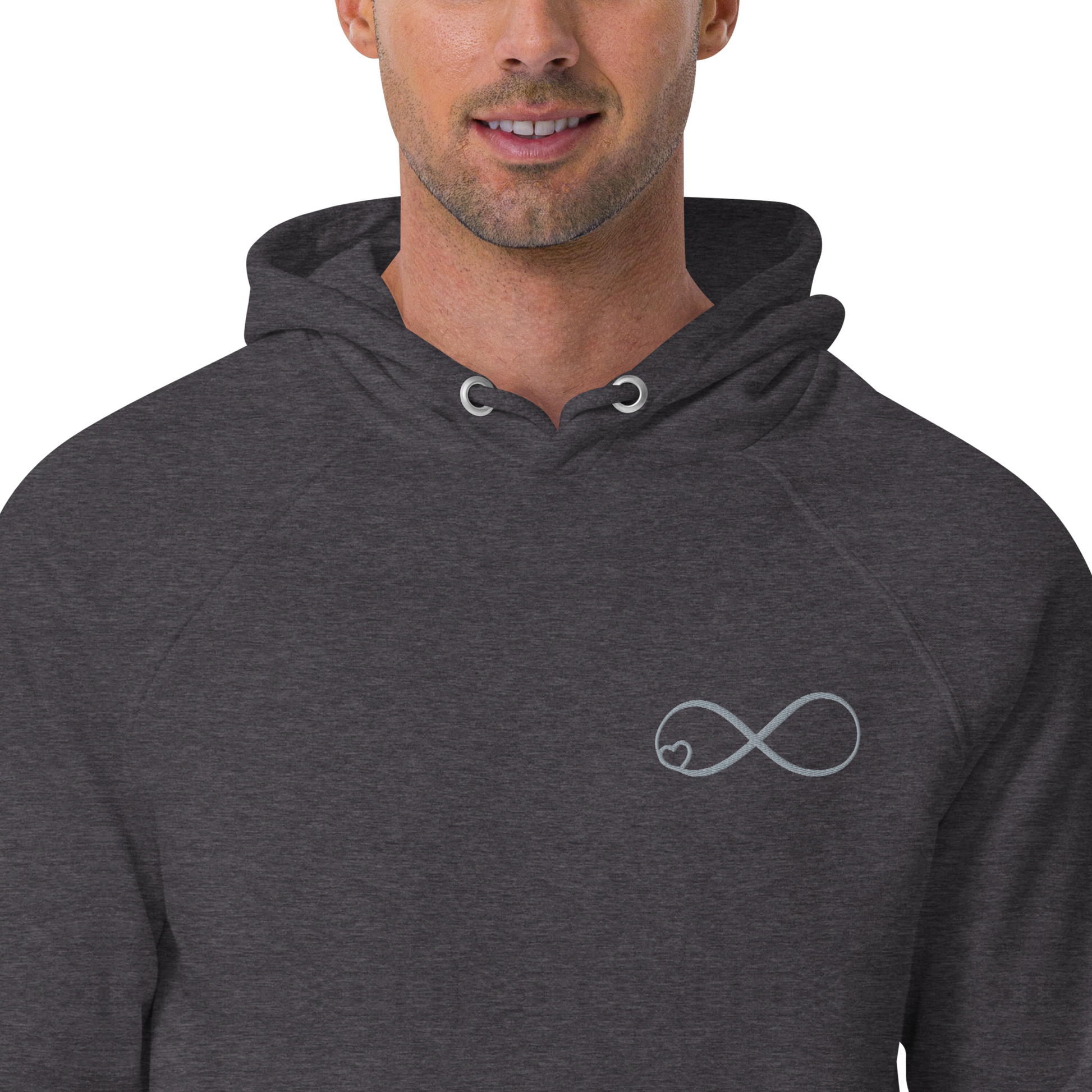 man wearing grey embroidered infinity hoody